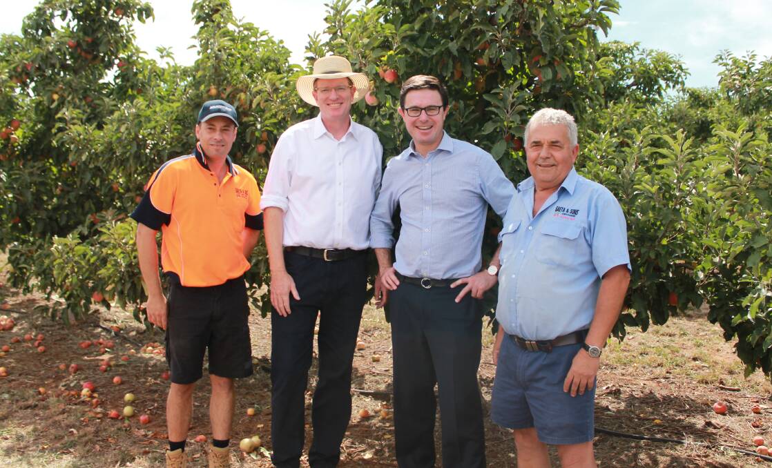 WATER WISE: Federal Member for Calare, Andrew Gee, and Minister for Drought, David Littleproud, met with Orange orchardists Michael and Guy Gaeta to discuss the extension of the On-Farm Emergency Water Infrastructure Rebate during this years apple harvest 